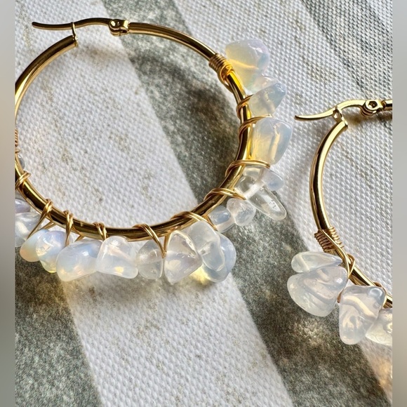 New Opalite Nugget Wire Wrapped Gold Tone Statement Hoop Earrings - 2” - Picture 3 of 6